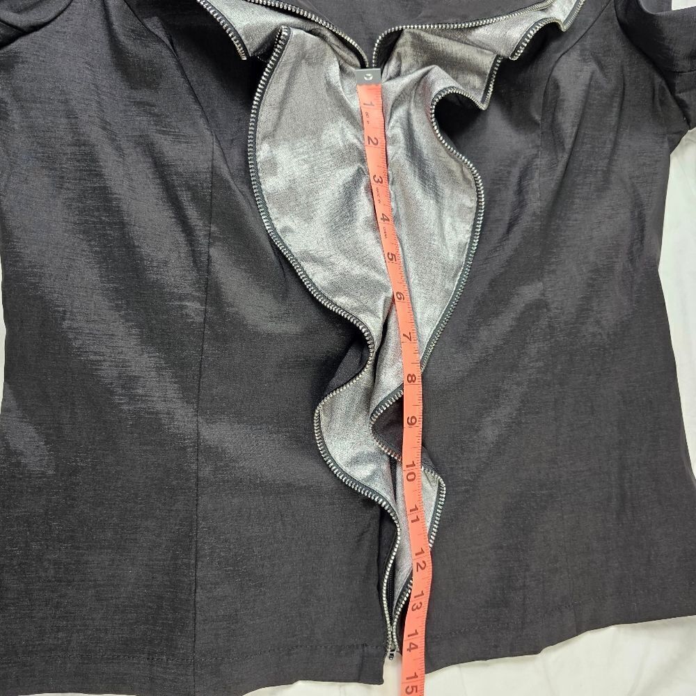 Joseph Ribkoff Ruffle Zip‎ Down Black Blouse With Zipper Accents Women's Size 10 - Picture 7 of 10